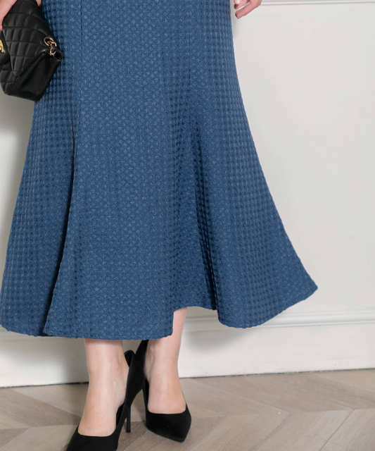 LEJA-レイヤード風異素材シアー切り替えワッフル生地美脚効果ドレス結婚式 パーティードレス