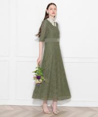 レースビッグカラー花柄刺繍ウエストマークロングフレアドレスワンピース美脚効果結婚式 パーティードレス