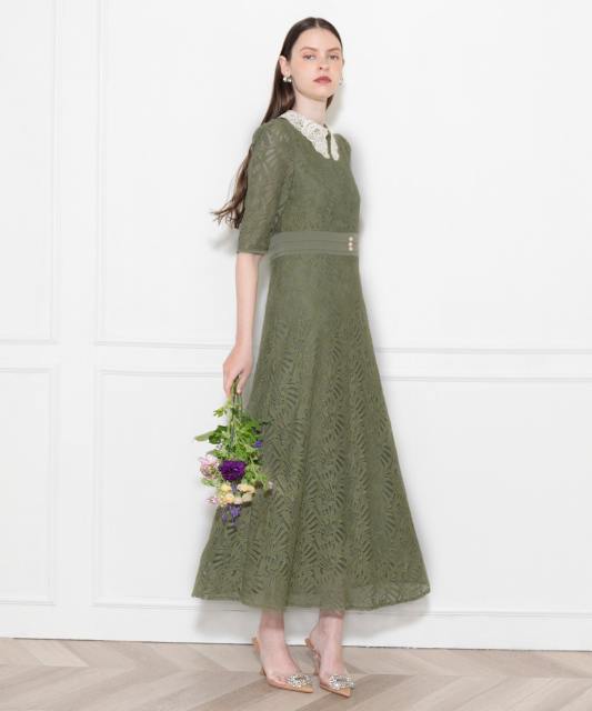 レースビッグカラー花柄刺繍ウエストマークロングフレアドレスワンピース美脚効果結婚式 パーティードレス