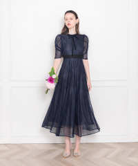 LEJA-ウエストマークパフスリーブ総レースロングドレスワンピース美脚効果結婚式 パーティードレス