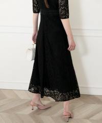 レースビッグカラー花柄刺繍ウエストマークロングフレアドレスワンピース美脚効果結婚式 パーティードレス