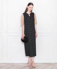 LEJA-インナーシアーブラウスセット刺繍チェックジャンスカロング丈ドレスワンピース美脚効果結婚式 パーティードレス