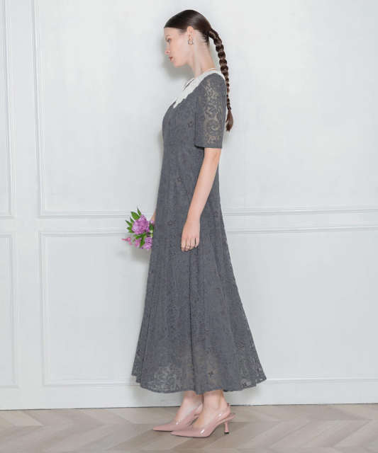 LEJA-刺繍レース襟付きハイウエスト切り替えAラインワンピース美脚効果ドレス結婚式 パーティードレス