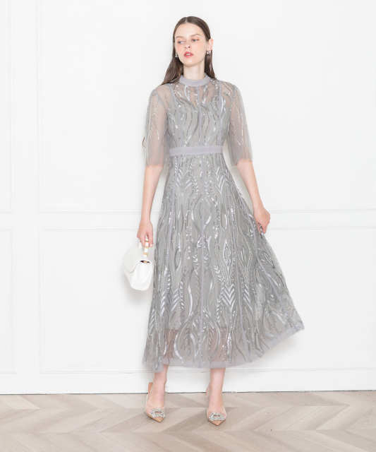 LEJA-スパンコール刺繍レースプチハイネックフリルロングドレスワンピース美脚効果結婚式 パーティードレス