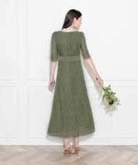 レースビッグカラー花柄刺繍ウエストマークロングフレアドレスワンピース美脚効果結婚式 パーティードレス