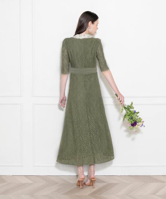 レースビッグカラー花柄刺繍ウエストマークロングフレアドレスワンピース美脚効果結婚式 パーティードレス