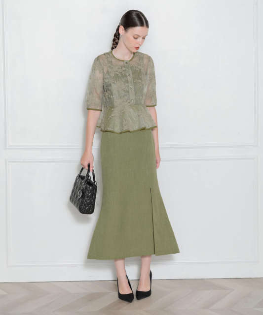 LEJA-配色パイピング花柄レースペプラムセットアップワンピース美脚効果セットアップドレス結婚式 パーティードレス