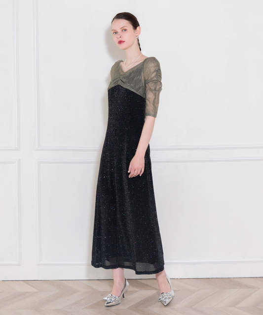 レース切替透けキラキラAラインロングドレスワンピース美脚効果結婚式 パーティードレス