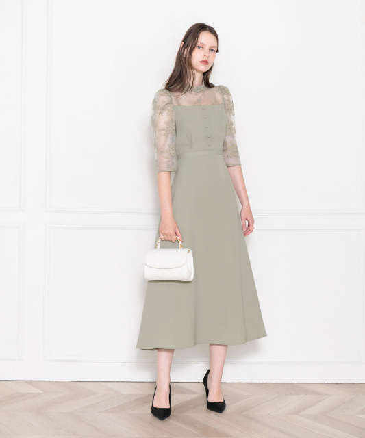 ウエストベルト付き透け感刺繍レース切り替えロング丈ドレスワンピース  