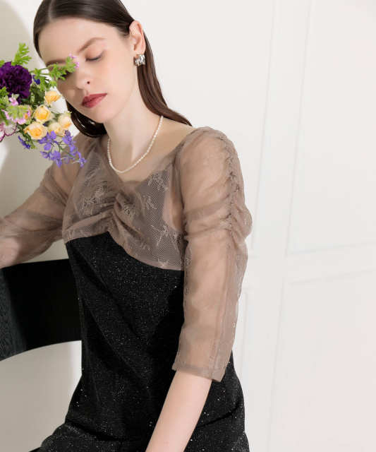 レース切替透けキラキラAラインロングドレスワンピース美脚効果結婚式 パーティードレス