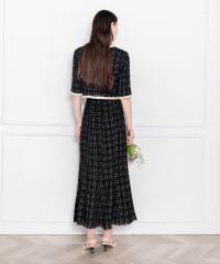 ツイード柄半袖ジャケット釦セットアップロング丈マーメイドスカートドレス美脚効果結婚式 パーティードレス