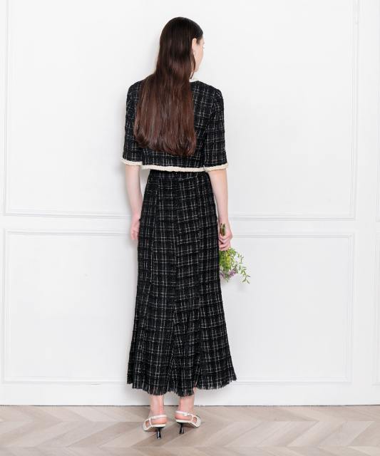 ツイード柄半袖ジャケット釦セットアップロング丈マーメイドスカート  