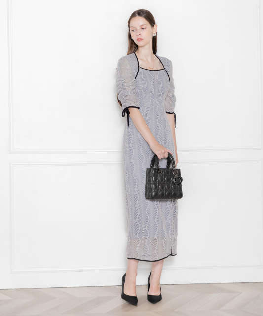 LEJA-スクエアネック配色パイピング後ろボレロIラインスリット入りワンピース美脚効果ドレス結婚式 パーティードレス