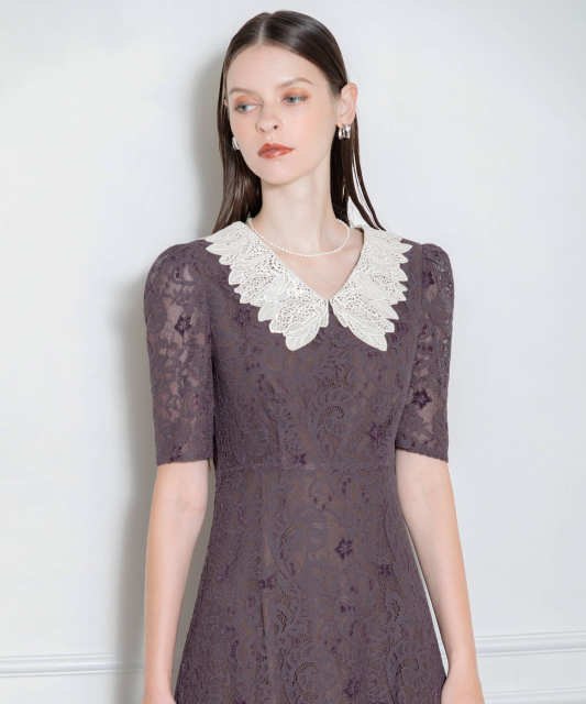 刺繍レース襟付きハイウエスト切り替えAラインワンピース美脚効果  