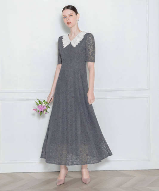 刺繍レース襟付きハイウエスト切り替えAラインワンピース美脚効果  