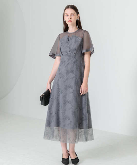 花柄刺繍オーガンジーレース切替えビスチェ風チュールロング丈美脚効果ドレス結婚式 パーティードレス