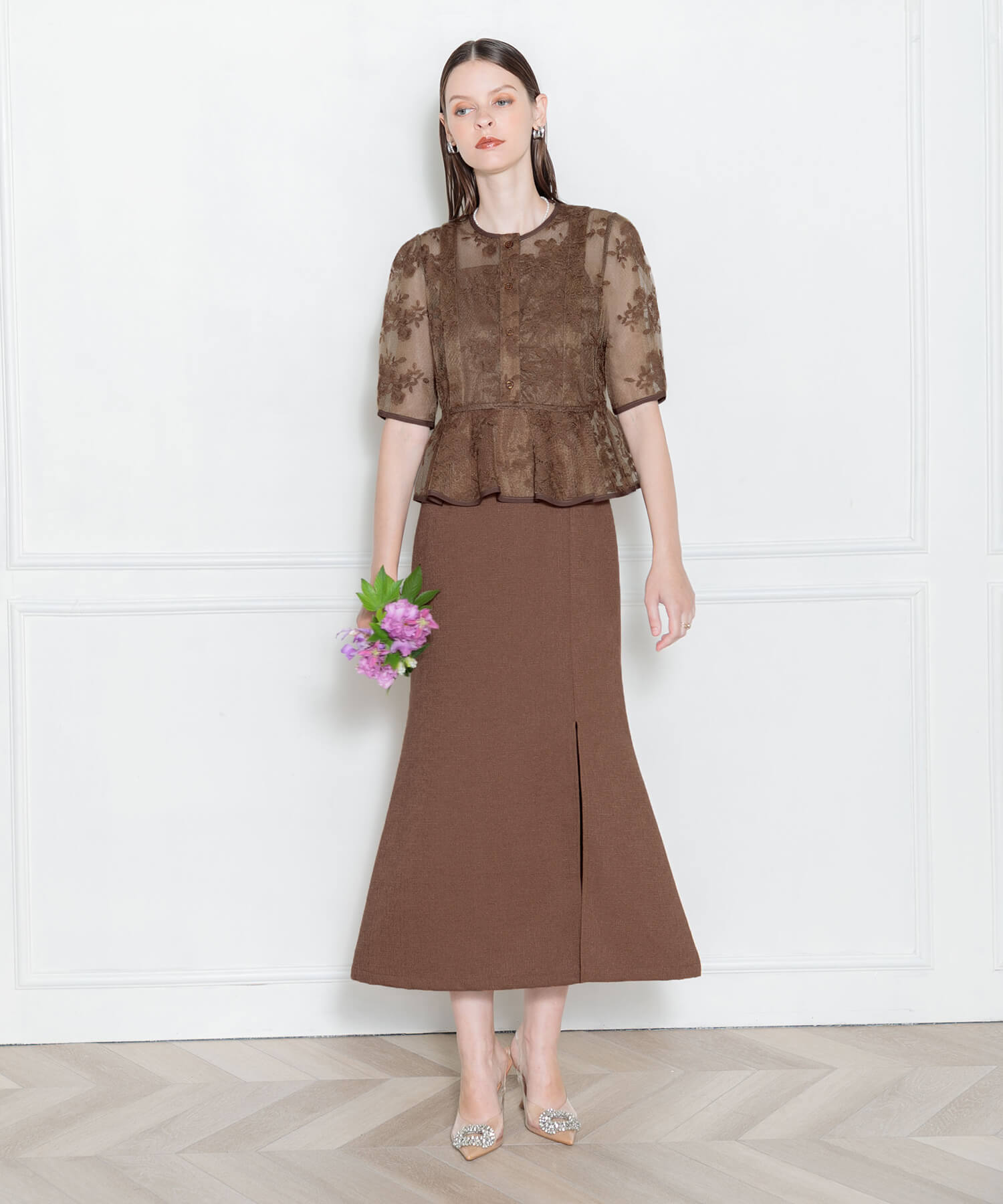 ドレス ペプラム レース ピンク 花柄 タイト パーティー 結婚式 ドレスプラス DRESS+ 胸元レースデザインパーティードレス・結婚