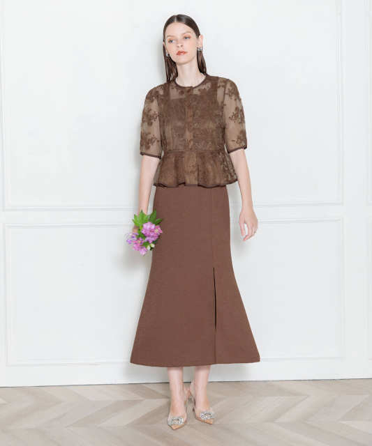 LEJA-配色パイピング花柄レースペプラムセットアップワンピース美脚効果セットアップドレス結婚式 パーティードレス