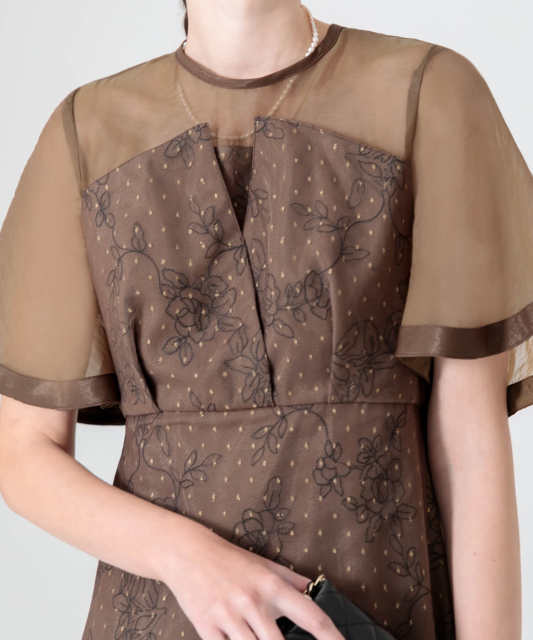 花柄刺繍オーガンジーレース切替えビスチェ風チュールロング丈美脚効果ドレス結婚式 パーティードレス