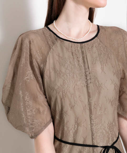 LEJA-パフスリーブウエストリボン総レースロングドレスワンピース美脚効果結婚式 パーティードレス