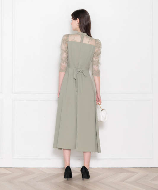 LEJA-ウエストベルト付き透け感刺繍レース切り替えロング丈ドレスワンピース美脚効果結婚式 パーティードレス