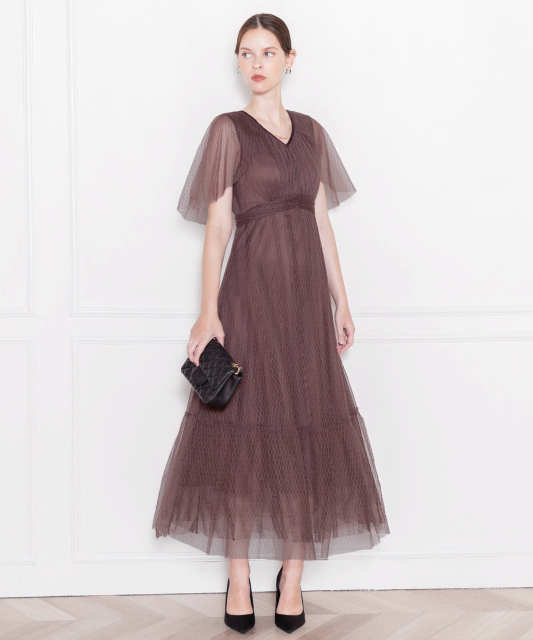 LEJA-総レースVネック袖ケープ風ワンピース美脚効果ドレス結婚式 パーティードレス
