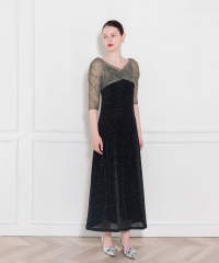 レース切替透けキラキラAラインロングドレスワンピース美脚効果結婚式 パーティードレス