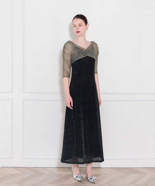 レース切替透けキラキラAラインロングドレスワンピース美脚効果結婚式 パーティードレス