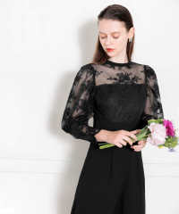 LEJA-プチハイネック後ろリボンボレロ風花柄レース異素材切替パンツドレス美脚効果結婚式 パーティードレス