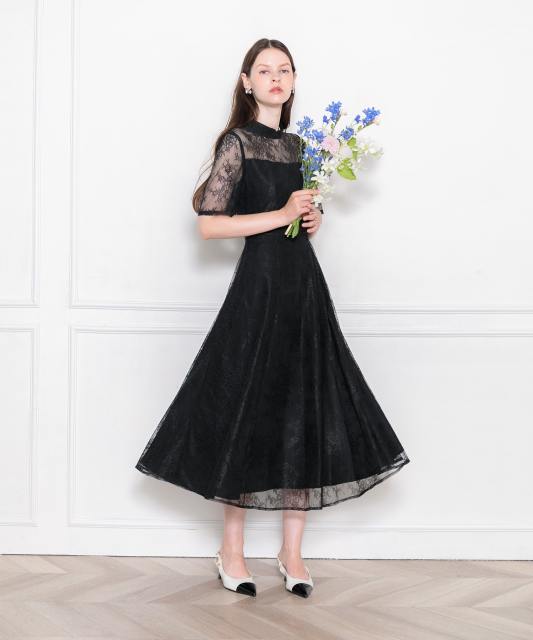 ハイネック花柄レースウエストマーク透けロングドレスワンピース美脚効果結婚式 パーティードレス