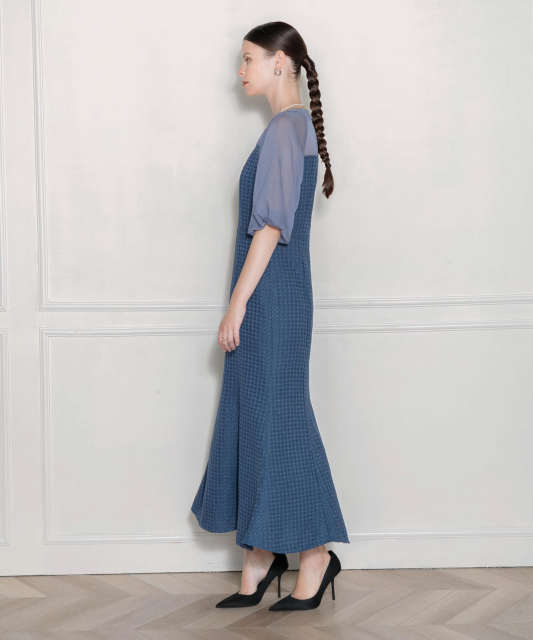 レイヤード風異素材シアー切り替えワッフル生地美脚効果ドレス結婚式 パーティードレス