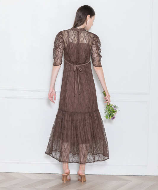 LEJA-パフスリーブウエストリボン総レースキャミソールワンピースマーメイドロングドレス美脚効果結婚式 パーティードレス