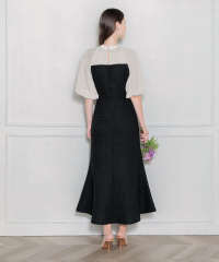 LEJA-レイヤード風異素材シアー切り替えワッフル生地美脚効果ドレス結婚式 パーティードレス