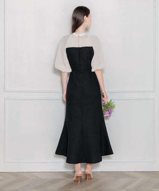 LEJA-レイヤード風異素材シアー切り替えワッフル生地美脚効果ドレス結婚式 パーティードレス