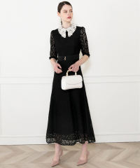 レースビッグカラー花柄刺繍ウエストマークロングフレアドレスワンピース美脚効果結婚式 パーティードレス