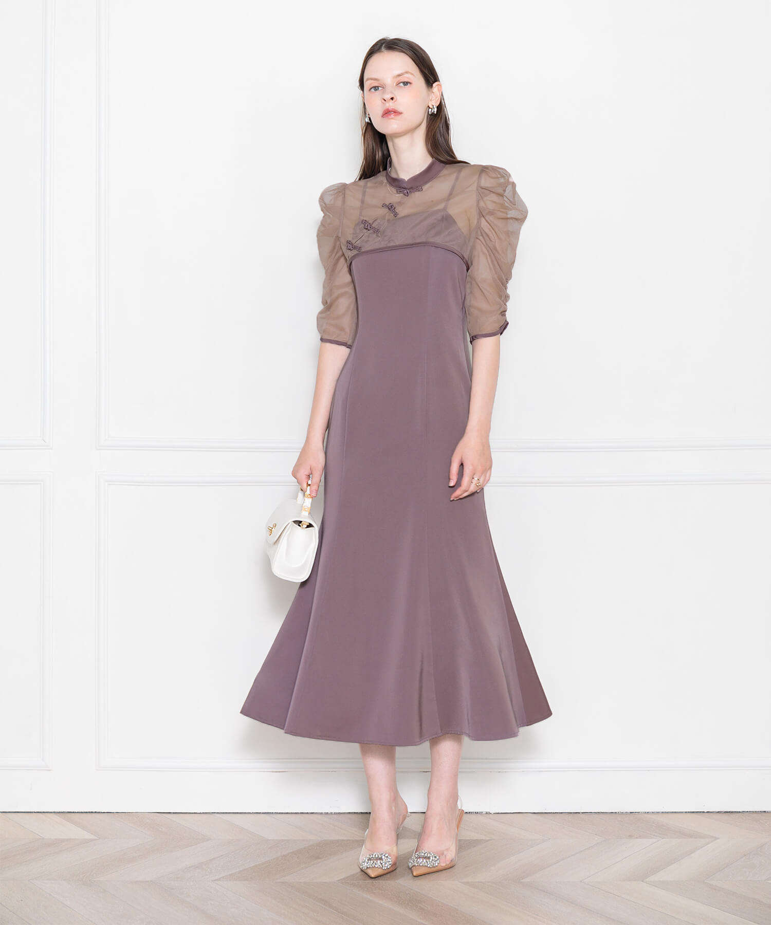 LEJA-透け感チャイナトップス付きロング丈キャミソールセットアップワンピースドレス美脚効果結婚式 パーティードレス