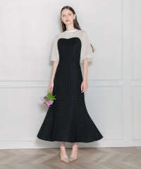 LEJA-レイヤード風異素材シアー切り替えワッフル生地美脚効果ドレス結婚式 パーティードレス