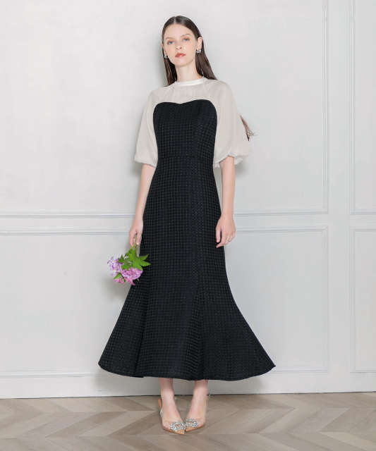 LEJA-レイヤード風異素材シアー切り替えワッフル生地美脚効果ドレス結婚式 パーティードレス