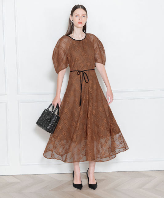 パフスリーブウエストリボン総レースロングドレスワンピース美脚効果  