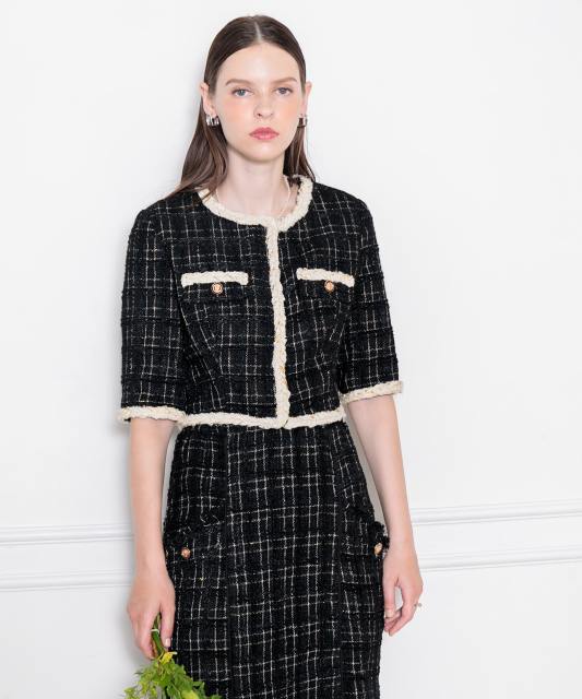 ツイード柄半袖ジャケット釦セットアップロング丈マーメイドスカート  