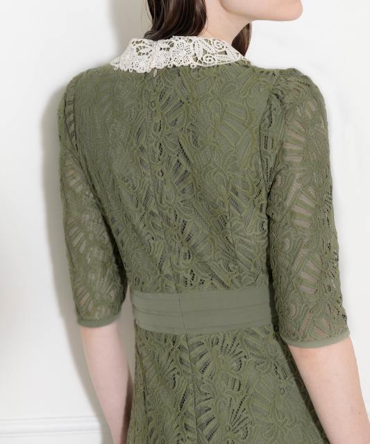 レースビッグカラー花柄刺繍ウエストマークロングフレアドレスワンピース美脚効果結婚式 パーティードレス