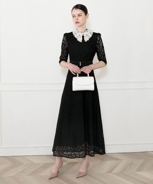 レースビッグカラー花柄刺繍ウエストマークロングフレアドレスワンピース美脚効果結婚式 パーティードレス
