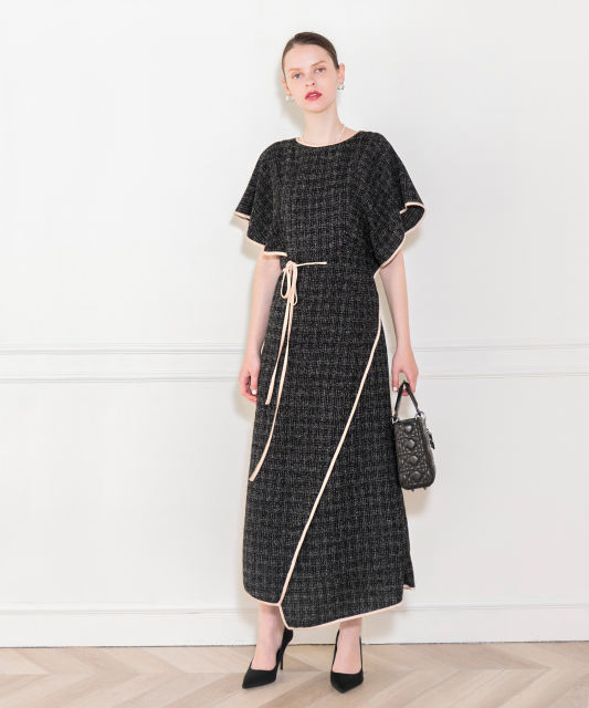 ウエストリボンツイード柄フレア半袖配色パイピングロングドレス  