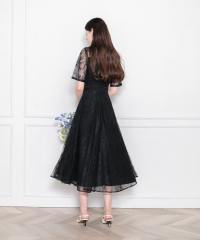 ハイネック花柄レースウエストマーク透けロングドレスワンピース美脚効果結婚式 パーティードレス