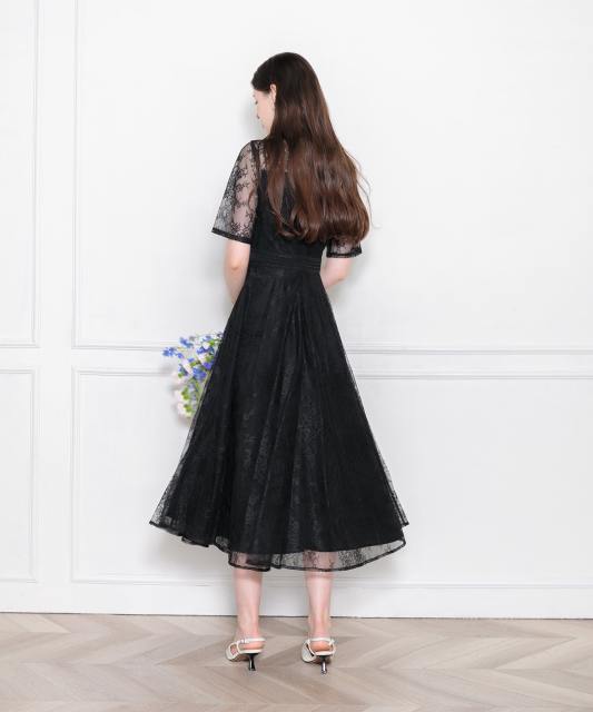 ハイネック花柄レースウエストマーク透けロングドレスワンピース美脚効果結婚式 パーティードレス