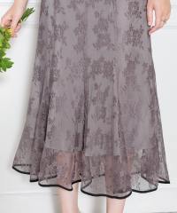 LEJA-配色パイピング総レース花柄パフスリーブワンピースロングドレス美脚効果結婚式 パーティードレス