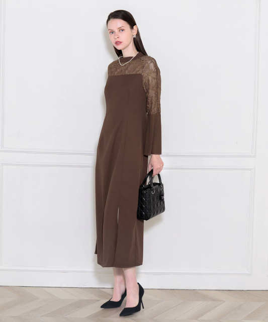 レース切替スリットAラインロングドレスワンピース美脚効果結婚式 パーティードレス