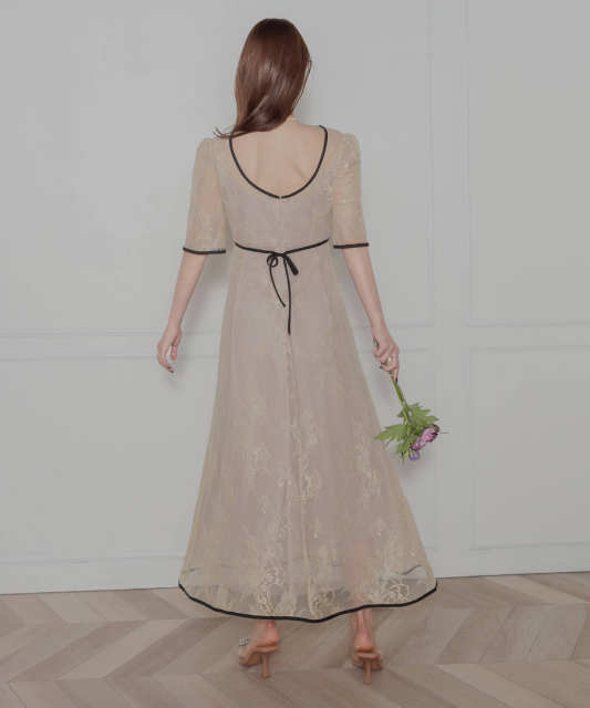 LEJA-総レースバックオープン配色パイピングウエストリボン美脚効果ドレス結婚式 パーティードレス
