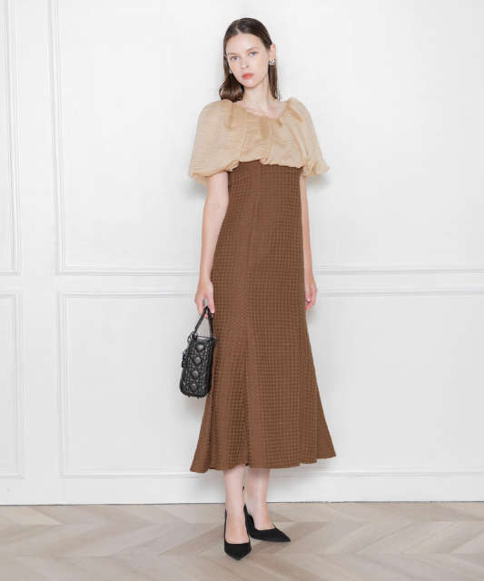 EJA-2WAYオフショルダーパフスリーブワッフル生地マーメイドワンピースロングドレス美脚効果結婚式 パーティードレス