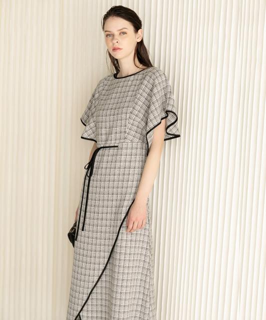 ウエストリボンツイード柄フレア半袖配色パイピングロングドレス  